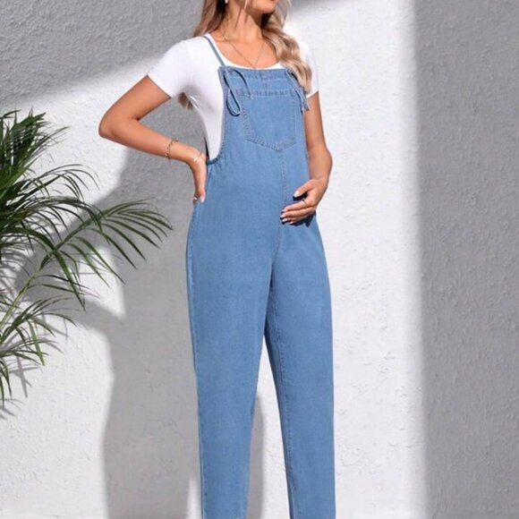Maternity Jean Overalls Elastic Waist Tie Straps 100% Cotton Shein S - Picture 1 of 10